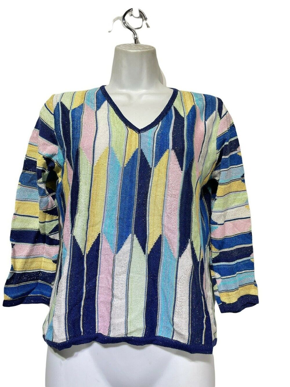marcazzani italy stripe metallic v-neck Pullover sweater Womens size M